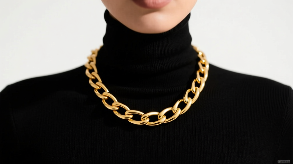 Model wearing a solid 14kt yellow gold tubo chain necklace over a black turtleneck, studio lighting, sharp focus on links