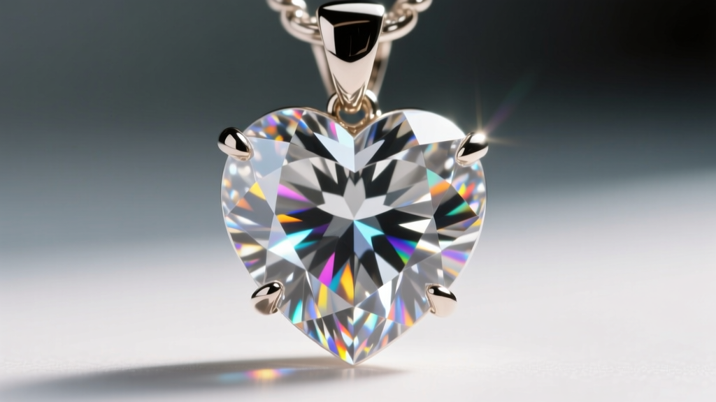 Macro photography of a heart-shaped diamond pendant cleft and pavilion, highlighting intricate prong settings and light refraction.