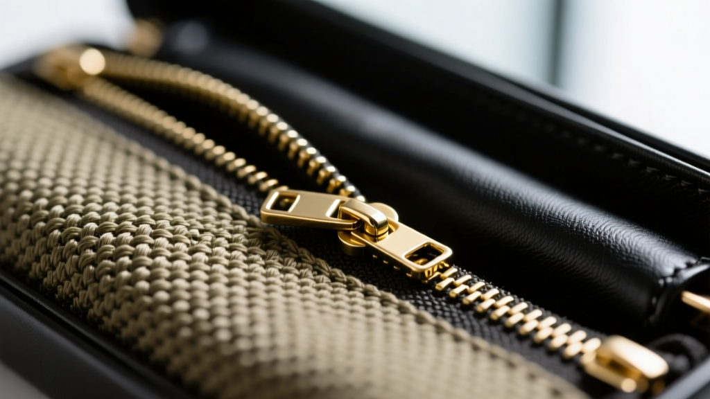 Macro shot of 1680D ballistic nylon beside a brass YKK zipper on a jewelry case, showing tight fabric weave