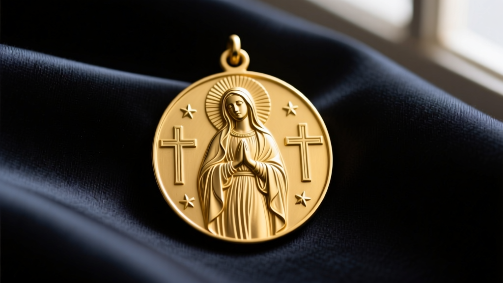 Close-up of a vintage-inspired 18k yellow gold Virgin Mary miraculous medal necklace resting on dark silk fabric background.