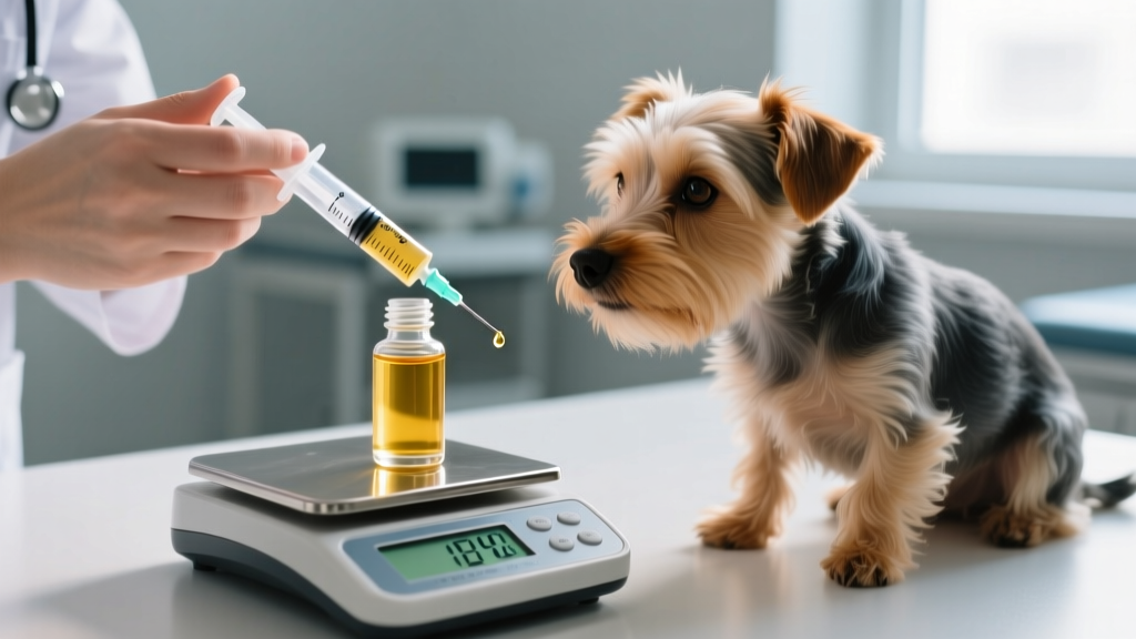 Close up of a veterinarian measuring liquid fish oil with a syringe next to a digital scale weighing a small terrier