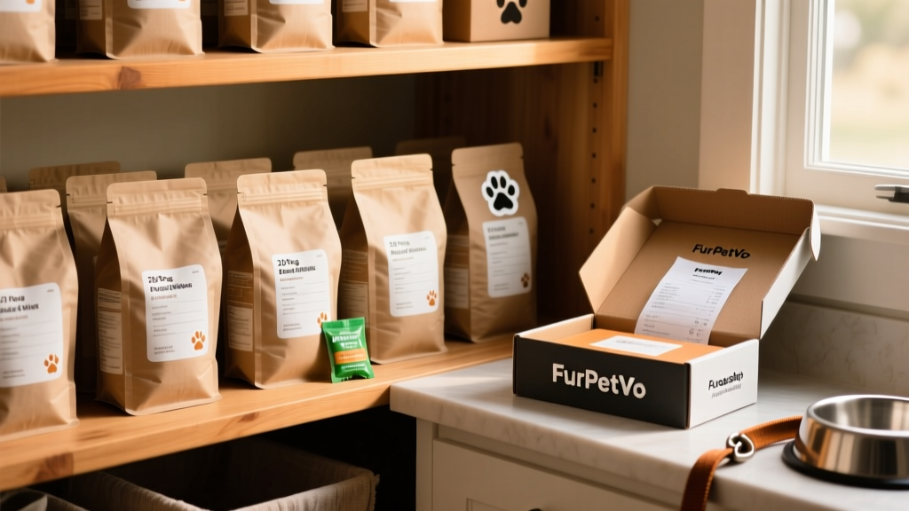 A neatly organized pantry shelf with labeled dog food bags, a silica packet nearby, and a FurPetVo Autoship delivery box on the counter