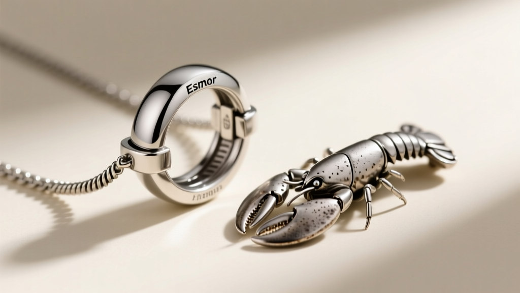 Macro shot of an Esmor necklace clasp showing a milled titanium spring ring beside a traditional sterling silver lobster clasp.
