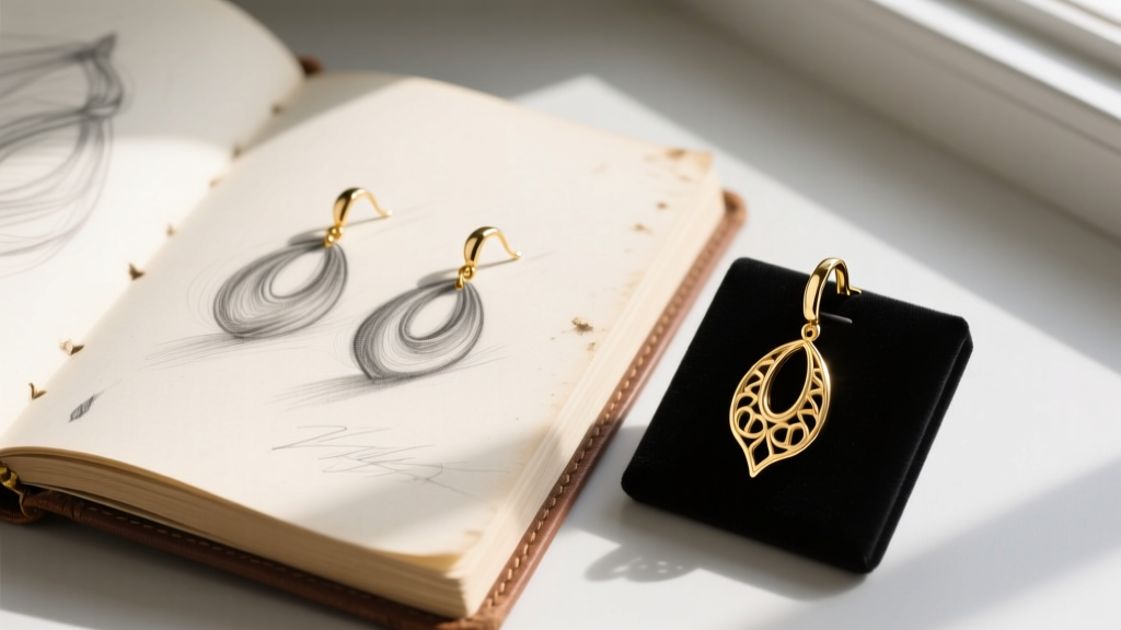 Graphite earrings drawing in a sketchbook next to a finished 18k gold custom dangle earring resting on a dark velvet pad.