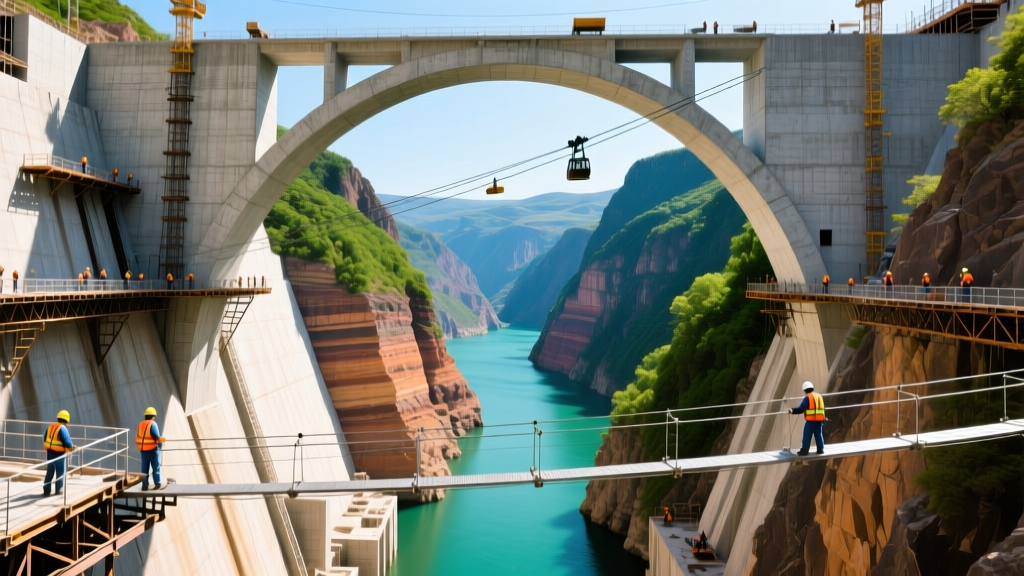 Massive concrete arch dam under construction with suspended cableways, workers, and deep river canyon in bright daylight