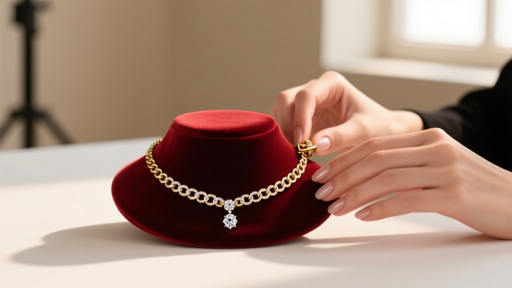 Tennis necklace on velvet, with a jeweler's loupe beside it emphasizing the clarity of the brilliant cut lab-grown diamond stones