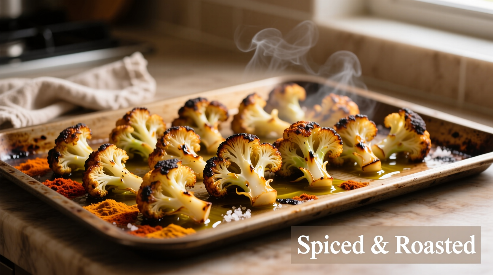Perfectly roasted spiced cauliflower florets on baking sheet