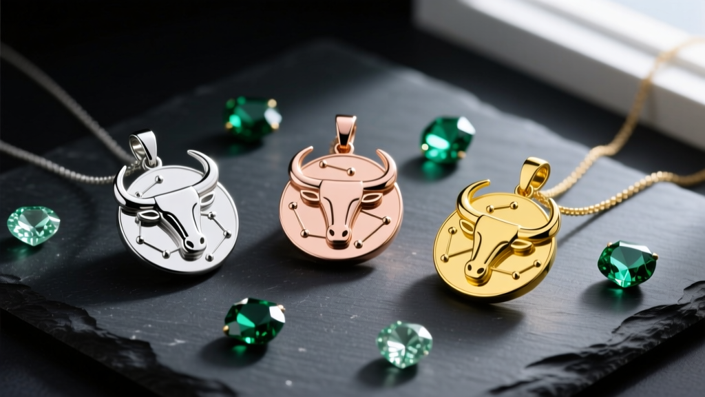 Flat lay of three Taurus constellation pendants in silver, rose gold, and yellow gold on dark slate with loose faceted emeralds