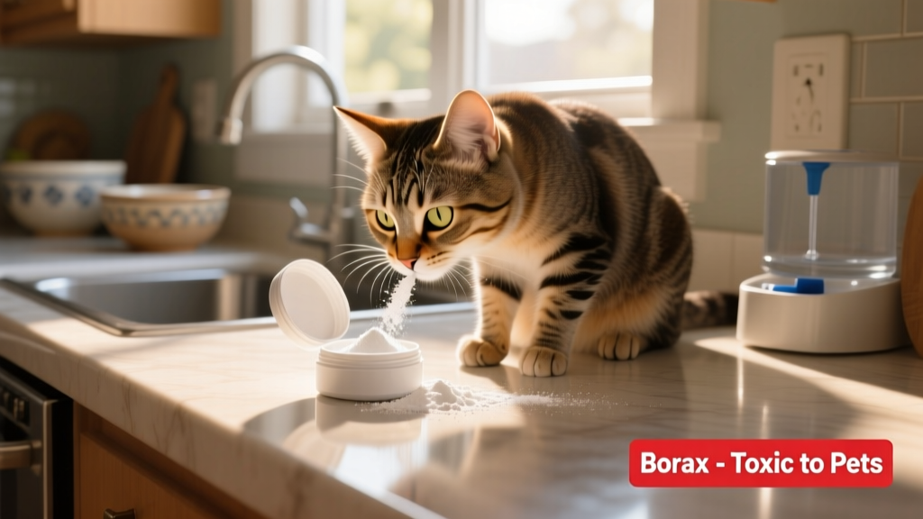 A curious cat sniffing a small open container of white powder on a countertop