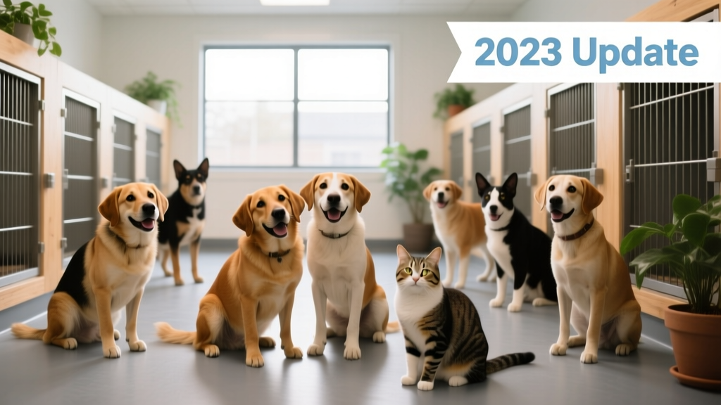 A diverse group of healthy, friendly shelter dogs and cats in clean, well-lit kennels at a modern no-kill facility
