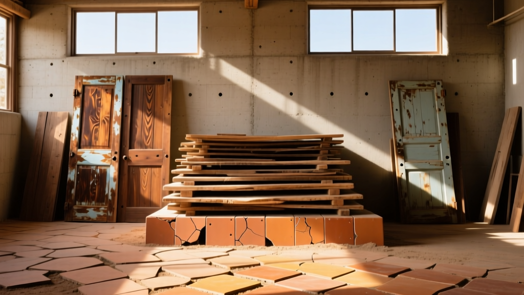 Rustic reclaimed wooden doors and vintage terracotta tiles stacked neatly inside a sunlit architectural salvage warehouse in Tucson Arizona