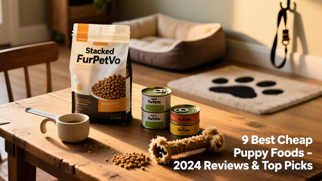 Stacked FurPetVo packaging: dry kibble bag and wet food cans arranged beside a measuring cup and puppy chew toy