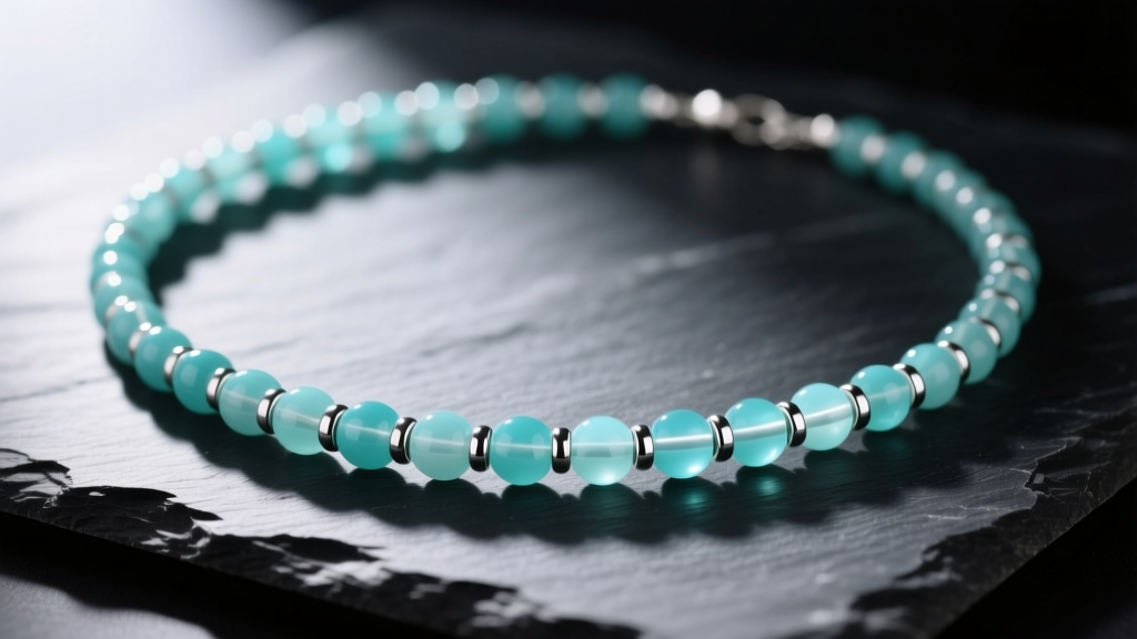 Close-up of a long turquoise and silver bead necklace draped elegantly on dark slate, illuminated by soft directional lighting.
