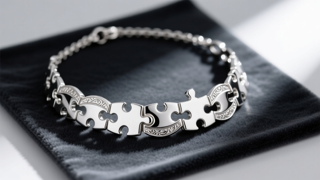 Close-up of a sterling silver interlocking puzzle necklace with pieces slightly separated on a dark velvet jewelry repair mat