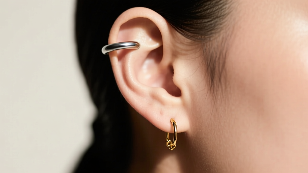 Side profile of an asymmetrical ear stack with a single 16-gauge titanium cartilage hoop and a delicate 20-gauge gold lobe chain.