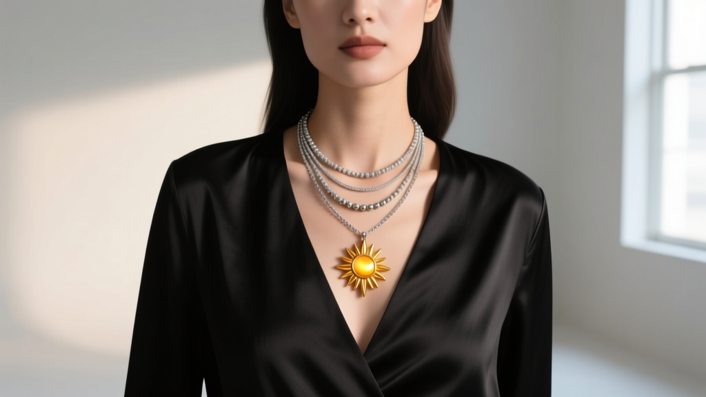 Woman wearing a layered necklace stack with a central sunrise pendant over a black V-neck silk blouse, displaying perfect spacing.