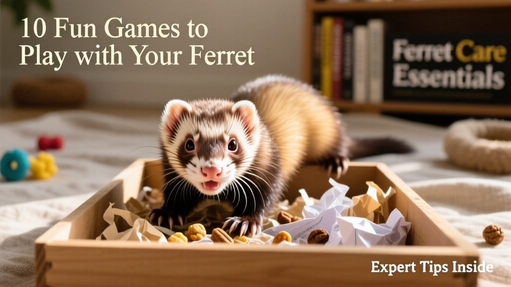 Ferret happily digging in a shallow box filled with shredded paper and hidden treats