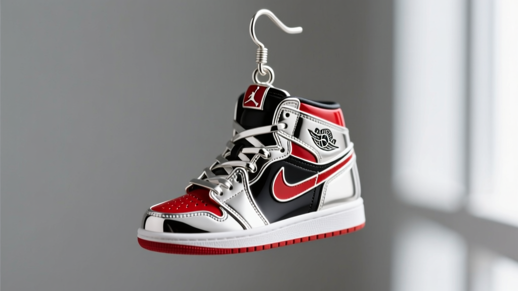 Sterling silver Air Jordan 1 sneaker-shaped dangle earring featuring red and black cold enamel accents in sharp macro focus.
