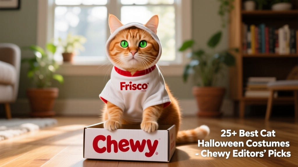 A ginger cat wearing the Frisco Chewy Box costume, sitting upright with paws on the box front, looking curious and slightly amused