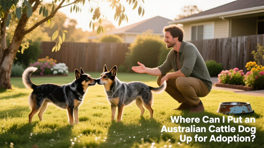 Two Australian Cattle Dogs playing gently in a grassy backyard with a person nearby