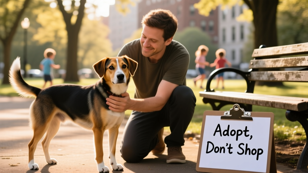 A person gently holding a calm, healthy-looking dog during a meet-and-greet at a local park