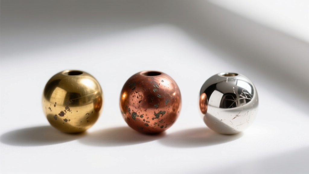 Macro comparison of polished vintage brass bead, raw copper bead, and sterling silver bead showing distinct surface color tones.