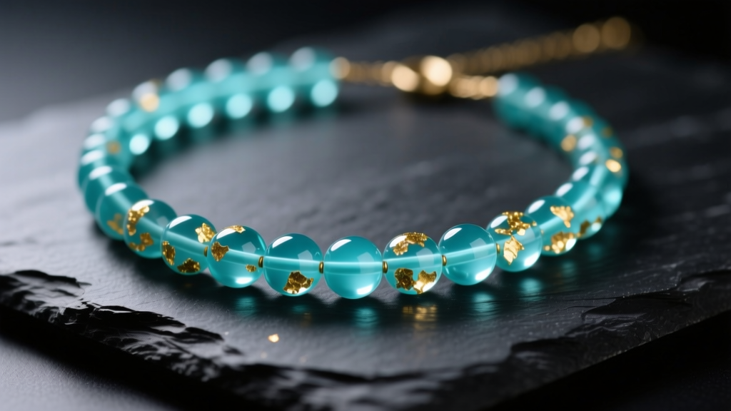 Close-up of a translucent turquoise resin bead necklace with gold flakes on dark slate under soft studio lighting.