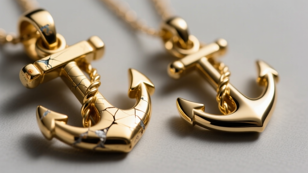 Macro shot comparing a scratched 18k gold anchor pendant fluke next to a pristine 14k gold anchor, showing metal wear differences.