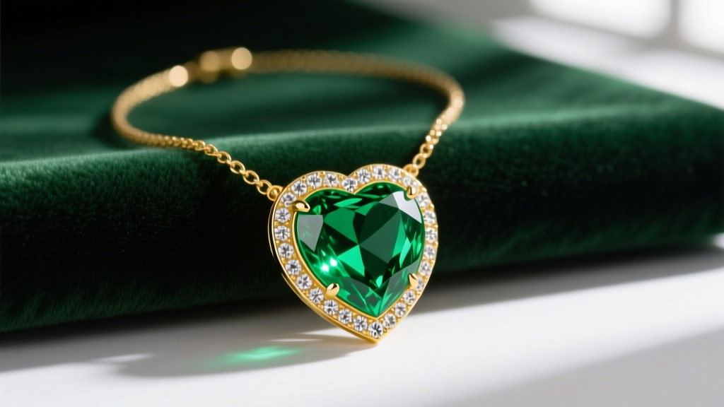 Vivid 2-carat Colombian heart emerald necklace in 18k yellow gold with a diamond halo, resting on dark green velvet.