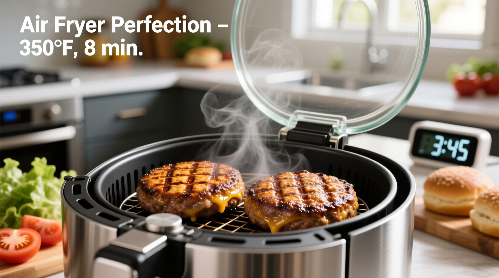 Perfectly cooked hamburger patties in air fryer basket