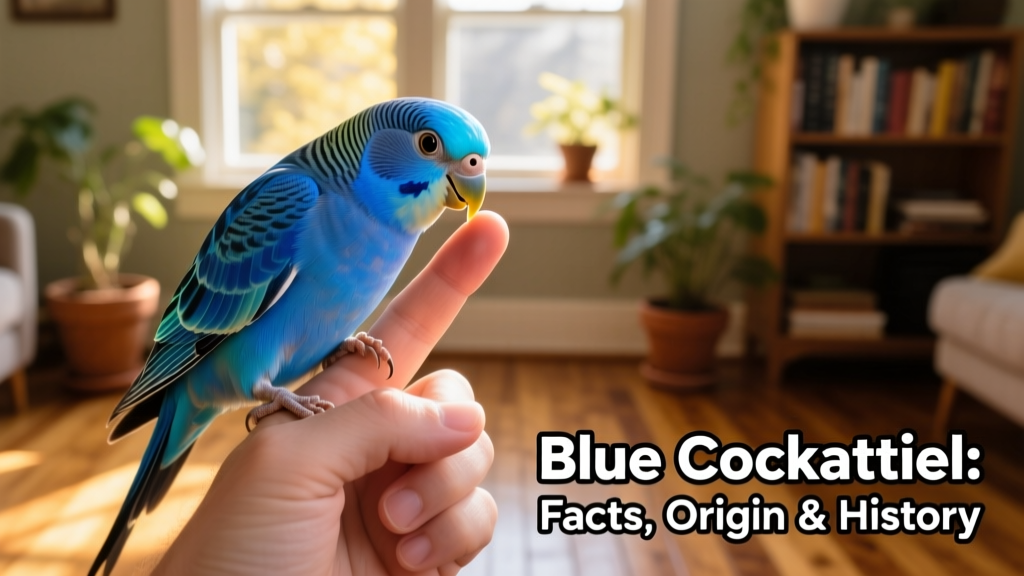 A blue cockatiel interacting playfully with a human hand, demonstrating trust and sociability