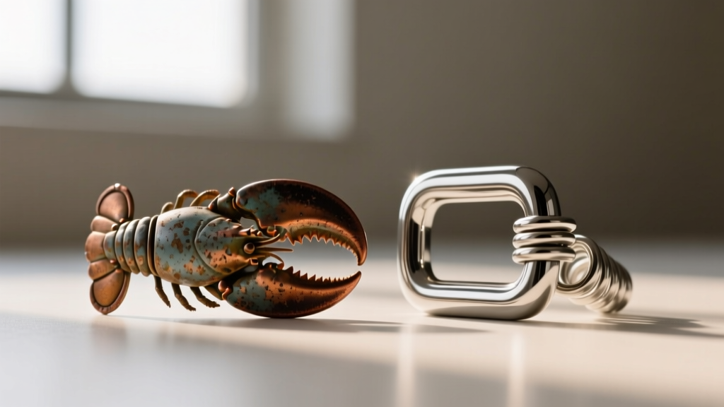 Close-up of a tarnished zinc alloy lobster clasp next to a polished 316L stainless steel spring ring clasp for comparison