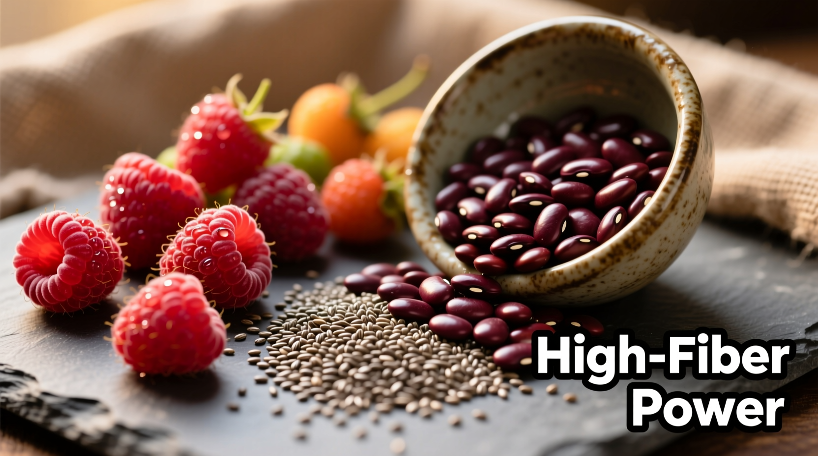 Colorful high-fiber foods including raspberries, lentils, and chia seeds