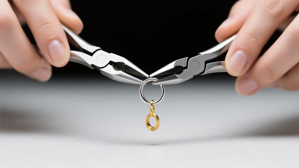 Jeweler using two flat-nose pliers to laterally twist a small silver jump ring closed on a delicate gold dangle earring component