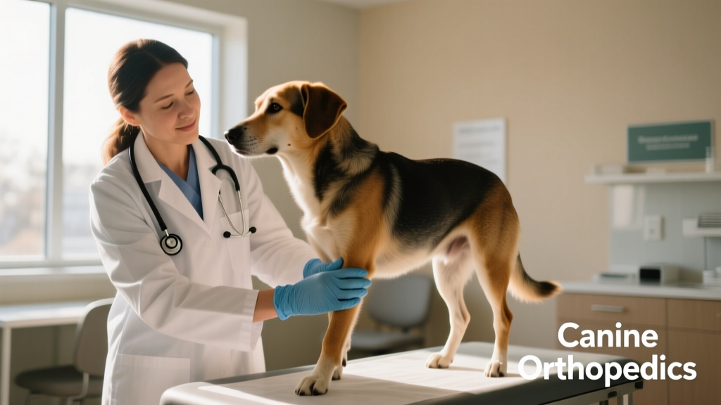 Veterinarian gently examining a dog's hind leg during a routine orthopedic checkup