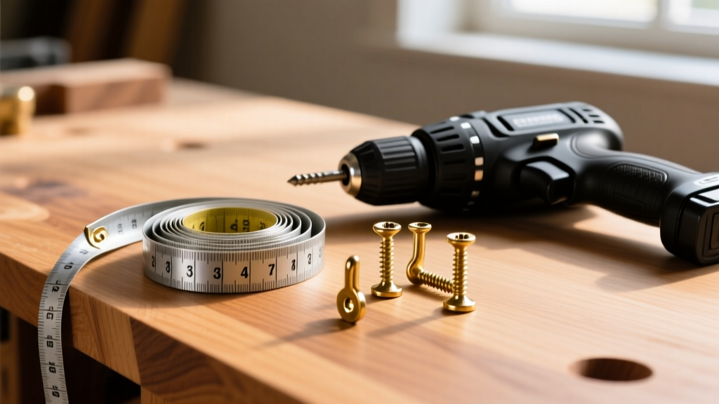 Close-up of a measuring tape and brass screw eye hooks laid on a workbench next to sanded oak wood and a power drill.