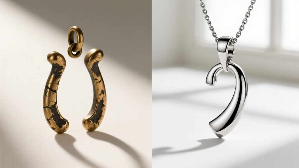 Split-screen showing a tarnished brass wishbone charm next to a highly polished, hypoallergenic titanium wishbone pendant