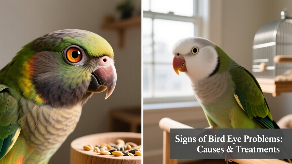 Side-by-side comparison showing a clear bird eye versus one with visible cataract clouding