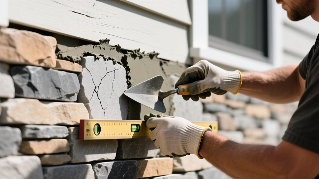 Close-up of natural thin-cut Stoneyard colonial stone veneer in gray and earth tones being mortared onto an exterior home facade by a mason