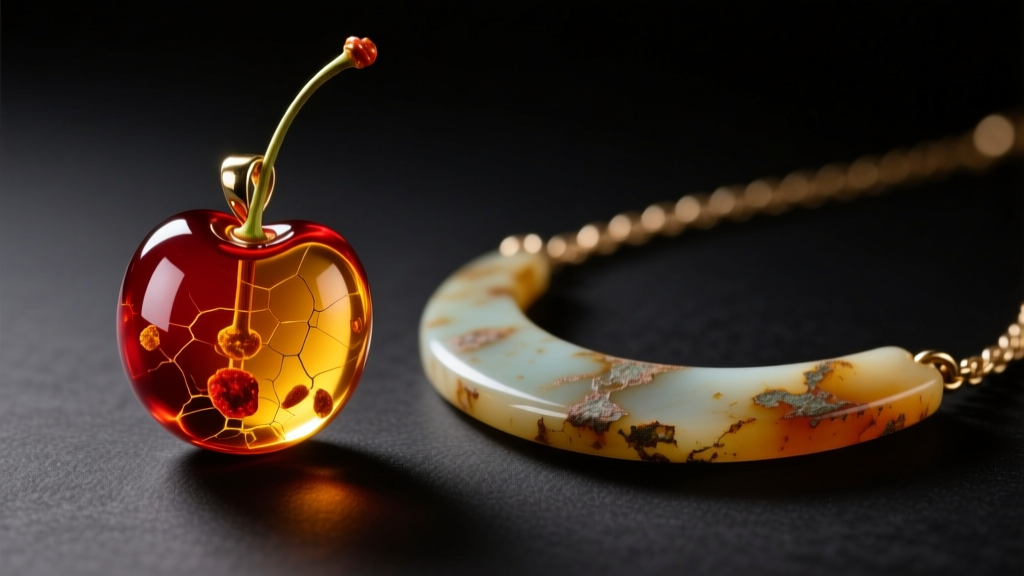 Macro comparison of cherry amber and a Bakelite necklace under warm light, revealing internal inclusions and color degradation.