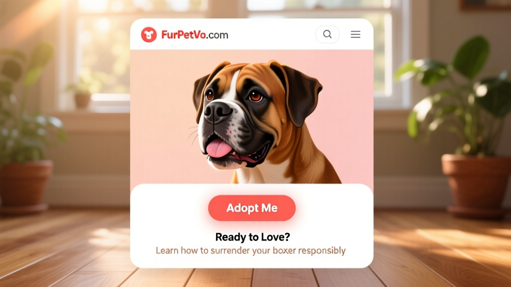 Screenshot-style graphic showing a friendly Boxer's profile page on FurPetVo.com, with warm colors and clear 'Adopt Me' call-to-action