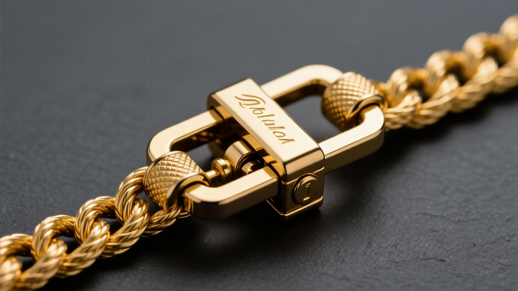 Close-up of a heavy-duty Italian box clasp with safety catch on a thick 14kt gold rope chain against a dark slate background.