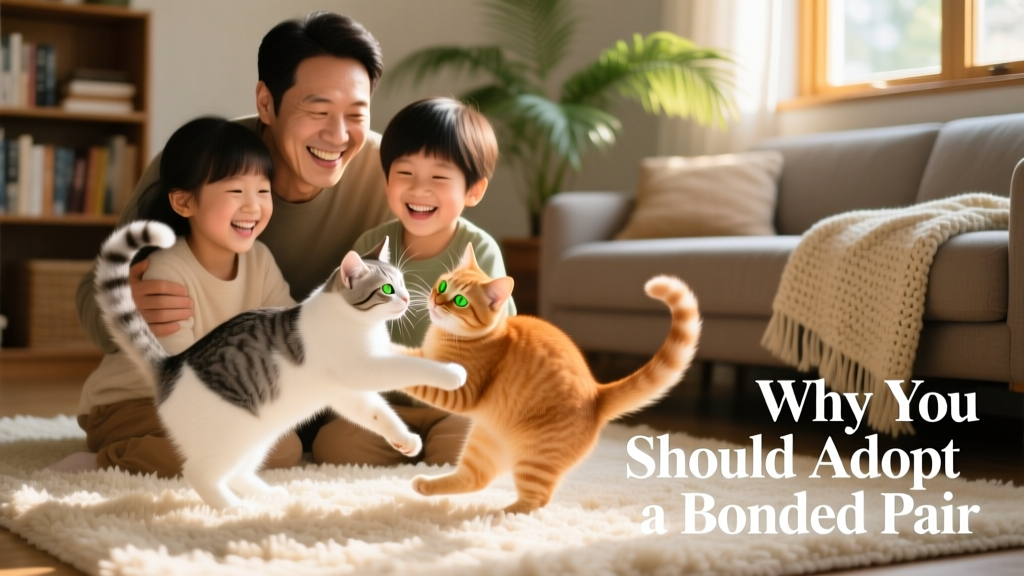 A happy family smiling as two playful kittens tumble together on a soft rug