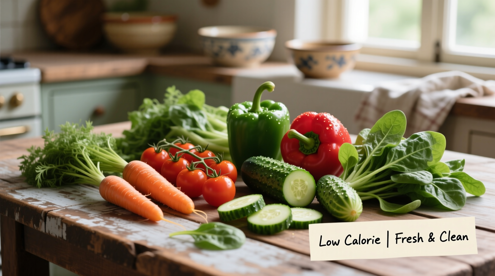 Fresh vegetables on wooden table for low calorie eating