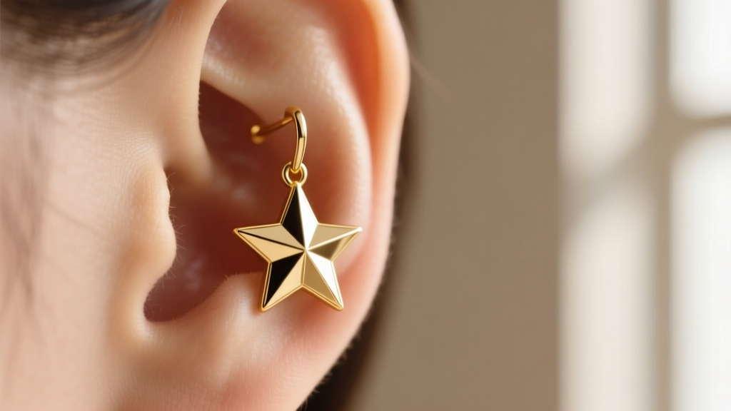 Macro shot of a 14k gold star earrings dangle design resting on an earlobe, illuminated by soft natural window light.