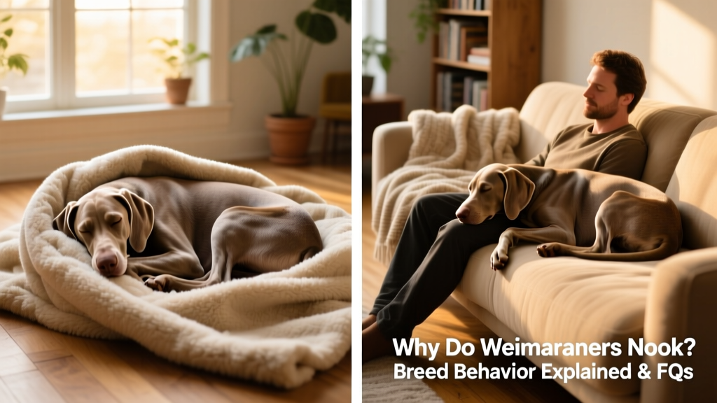 Side-by-side photos: a calm Weimaraner nooking a fleece blanket and a relaxed Weimaraner curled beside its owner on the couch