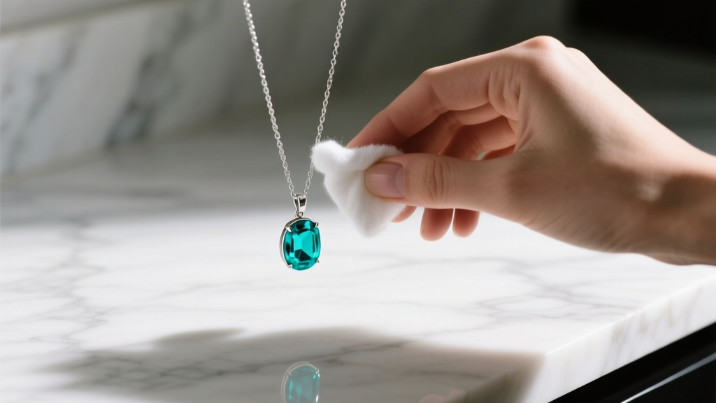 Hands wiping a turquoise pendant chain with a damp cotton swab, avoiding the stone, on a clean white marble countertop surface.