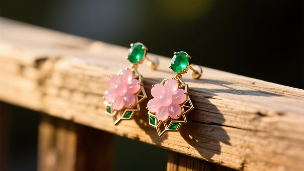 Carved pink quartz and green chrysoprase floral earrings resting on a weathered wooden railing in warm afternoon sunlight