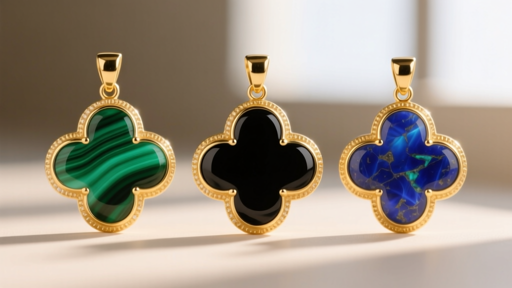 Macro photography of three quatrefoil pendants showing malachite, black onyx, and lapis lazuli inlays highlighting gold bezels.