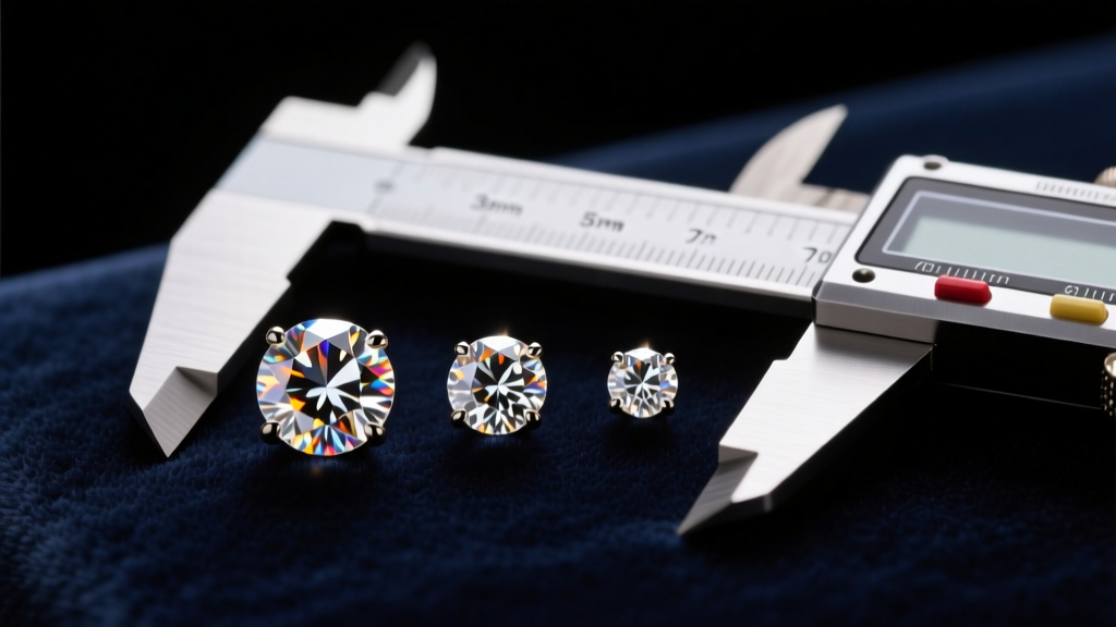 Three round diamond studs in 3mm, 5mm, and 7mm sizes on dark velvet beside a digital caliper under soft, warm studio lighting.